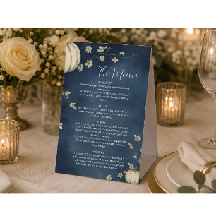 Navy Blue Autumn Pumpkin Wedding Menu Paper Table Tent