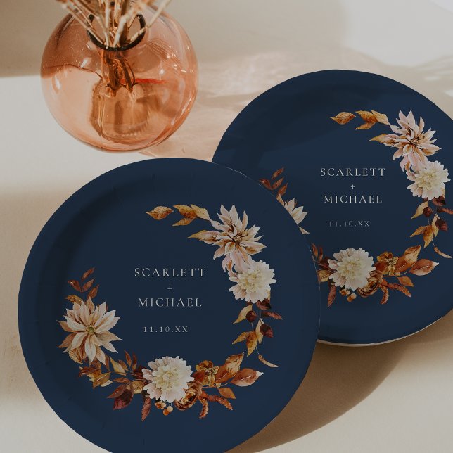 Navy Blue Autumn Wedding Paper Plates (Navy Blue Autumn Floral Wedding Paper Plates by Painted Paperie
)
