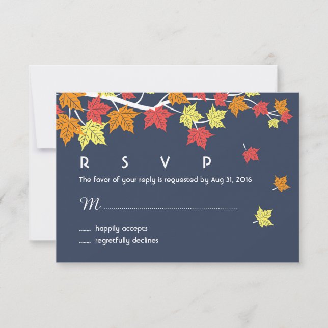Navy Blue Autumn Wedding RSVP Card Maple Leaves (Front)
