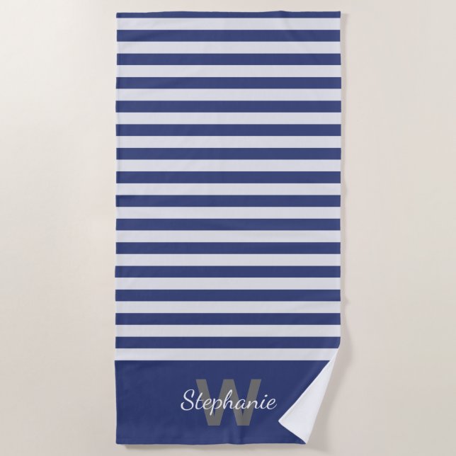 Navy blue awning stripe with personalization  beach towel (Front)