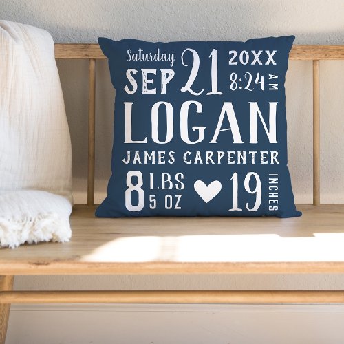 Navy Blue Baby Birth Stats  Editable Colors Throw Pillow