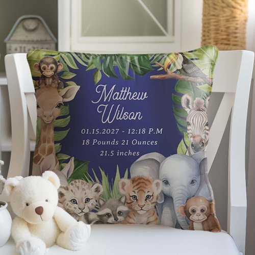 Navy Blue Baby Birth Stats Jungle cute Animals Nur Throw Pillow