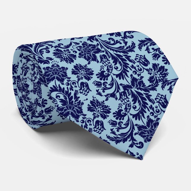 Navy Blue & Baby Blue Floral Paisley Pattern Neck Tie (Rolled)