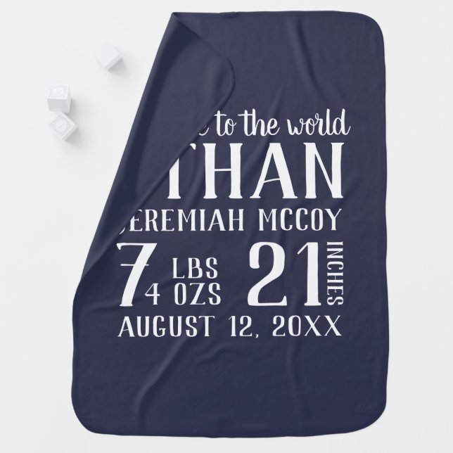 Navy Blue Baby Boy Birth Stats Blanket (In Situ)