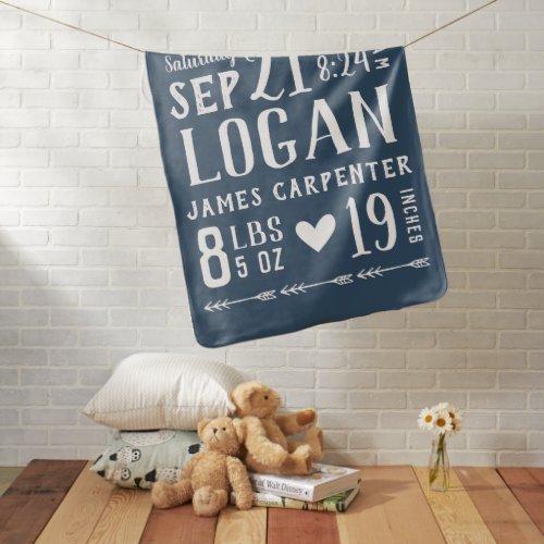 Navy Blue Baby Boy Birth Stats  Editable Colors Baby Blanket
