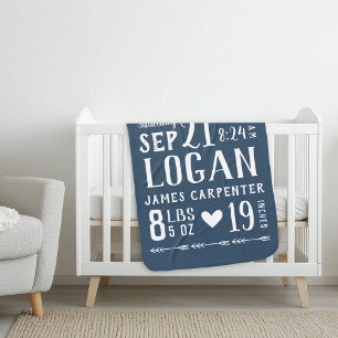 Navy Blue Baby Boy Birth Stats Keepsake Blanket