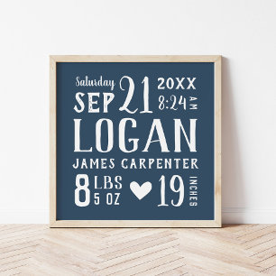 Navy Blue Baby Boy Birth Stats Keepsake Poster