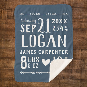 Navy Blue Baby Boy Birth Stats Keepsake Sherpa Blanket