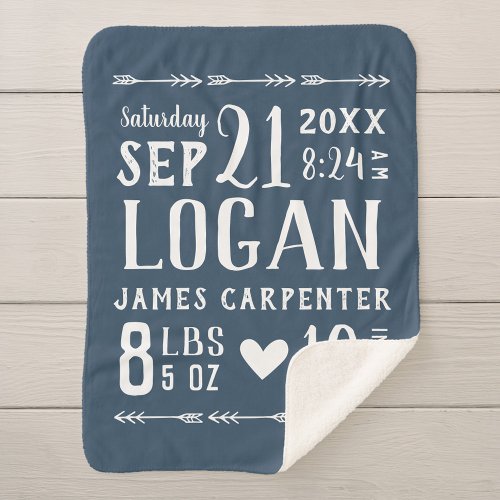 Navy Blue Baby Boy Birth Stats Keepsake Sherpa Blanket