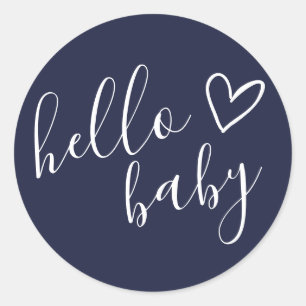 Navy Blue Baby Boy Hello Baby Shower Classic Round Sticker