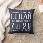 Navy Blue Baby Boy Nursery Birth Stats Pillow<br><div class="desc">Navy blue and white birth stat pillow for your baby boy's nursery. The front side of the pillow in blue and white typography design, customize with his name, weight, length and date of birth. The backside of the pillow is coordinating solid navy blue. This pillow color can be changed to...</div>