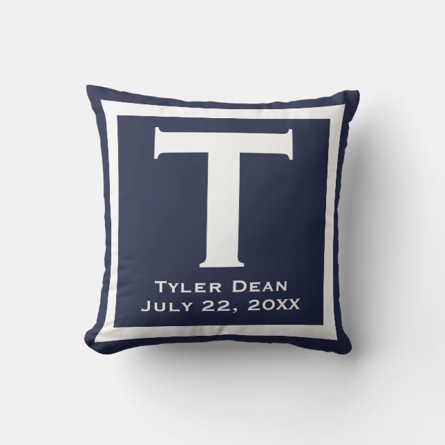 Navy Blue Baby Boy Personalized Newborn Gift Throw Pillow (Front)
