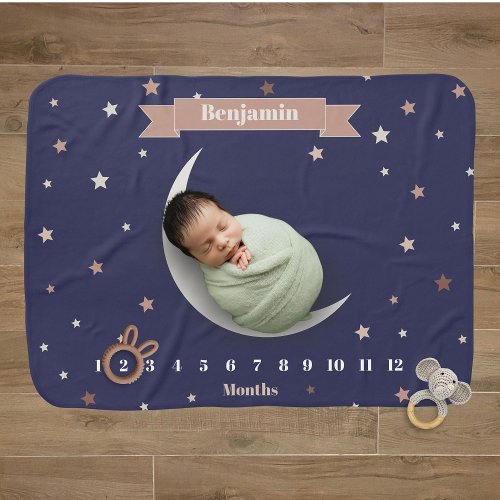 Navy Blue Baby Boy Starry Sky  Moon Milestone Baby Blanket