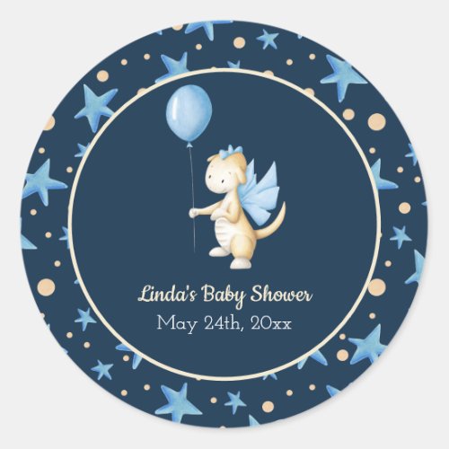 Navy Blue Baby Dragon with Balloon Baby Shower Classic Round Sticker
