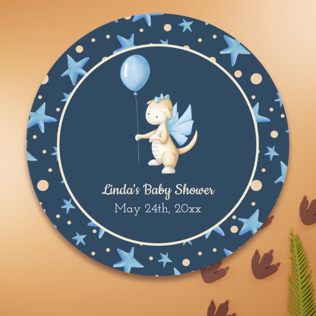 Navy Blue Baby Dragon with Balloon Baby Shower Classic Round Sticker (Creator Uploaded)