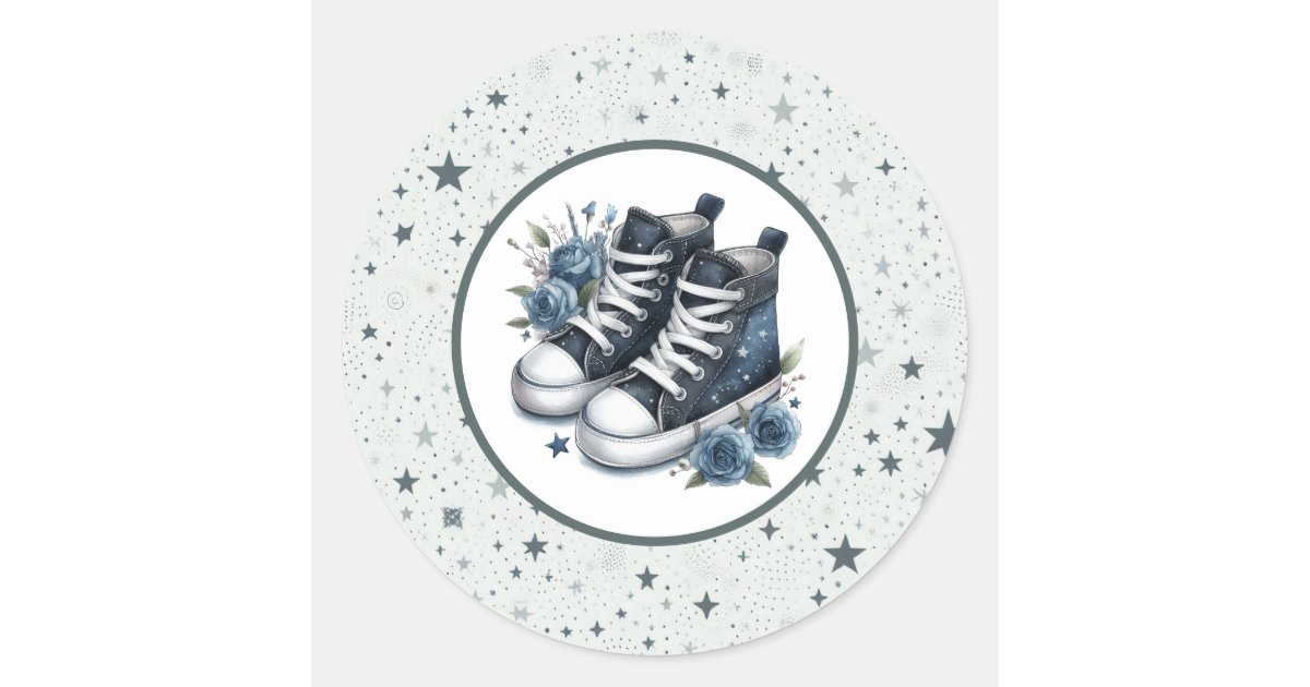Navy Blue Baby High Tops Baby Shower Classic Round Sticker | Zazzle