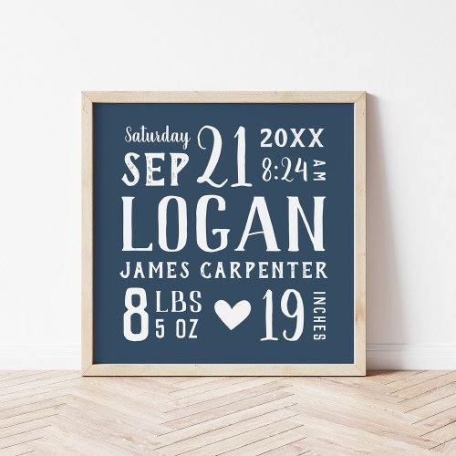 Navy Blue Baby Name Birth Stats  Editable Colors Poster