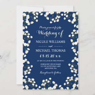 Navy Blue Baby's Breath Border Wedding Invitations
