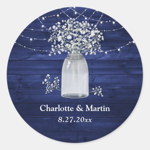 Navy Blue Babys Breath Mason Jar Wood Wedding Classic Round Sticker