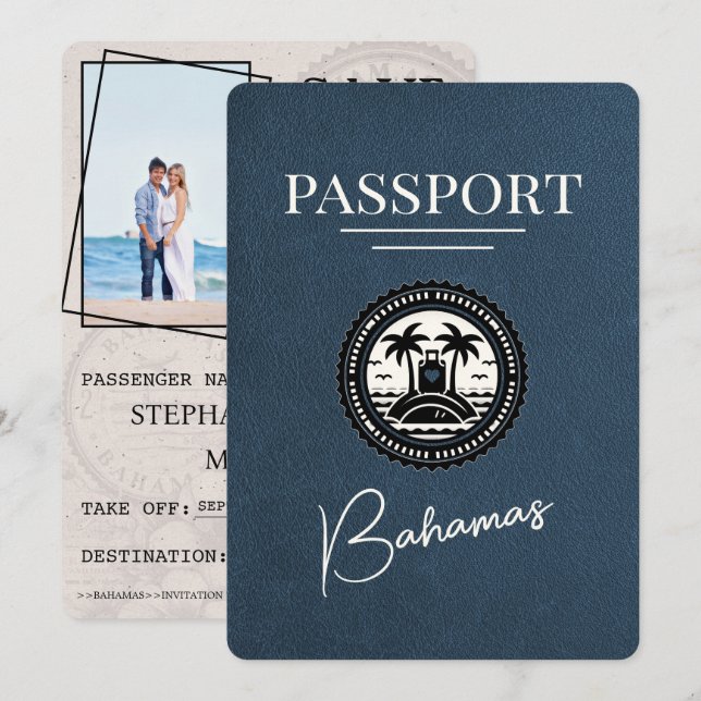 Navy Blue Bahamas Passport Save The Date (Front/Back)