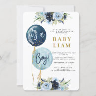 Navy blue balloon baby shower boy invitation