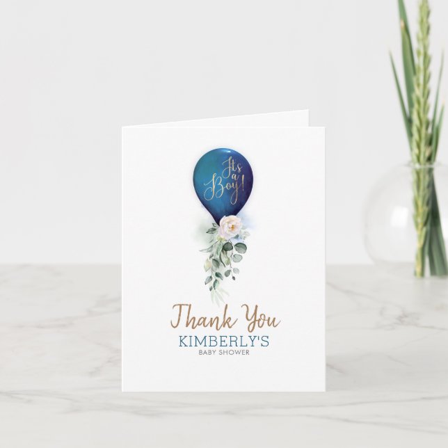 Navy Blue Balloon Baby Shower Thank You Card (Front)