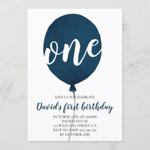 Navy Blue Balloon Boy First Birthday Invitation