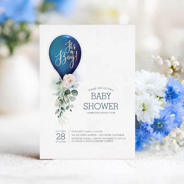 Navy Blue Balloon It's a Boy Baby Shower Foil Invitation | Zazzle