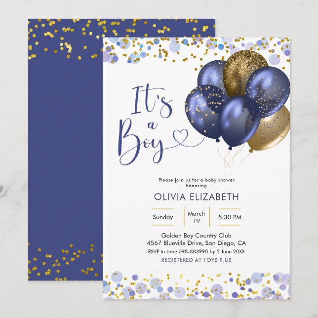Navy Blue Balloon It's a Boy Baby Shower Invitation (Front/Back)