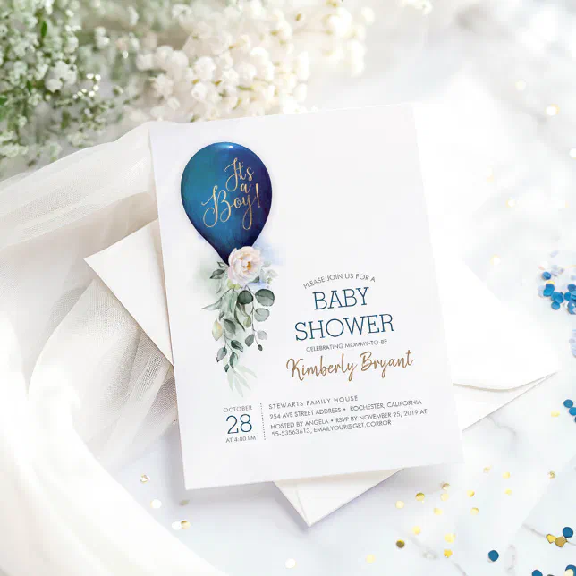 Navy Blue Balloon It's a Boy Baby Shower Invitation | Zazzle