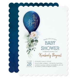 Navy Blue Balloon It's a Boy Baby Shower Invitation