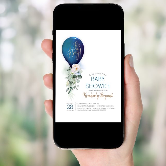 Navy Blue Balloon It's a Boy Baby Shower Invitation (Front Digital)