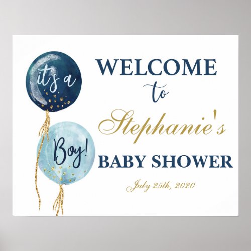 Navy blue balloons baby shower boy welcome sign