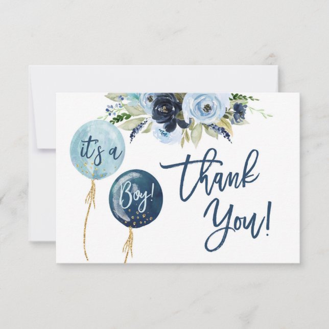 Navy Blue balloons baby shower thank you Note Card (Front)