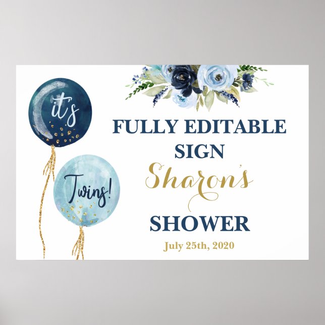 Navy Blue balloons baby shower Twin boys sign (Front)