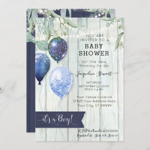 Navy Blue Balloons Rustic Wood Boy Baby Shower Invitation