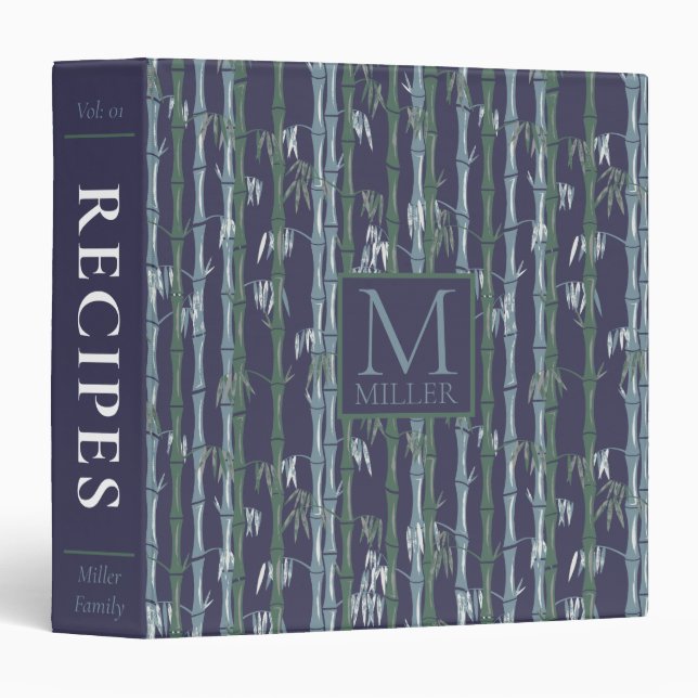 Navy Blue Bamboo Recipe 3 Ring Binder (Front/Spine)