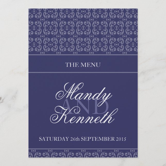 Navy blue banded metallic wedding dinner menu (Front)