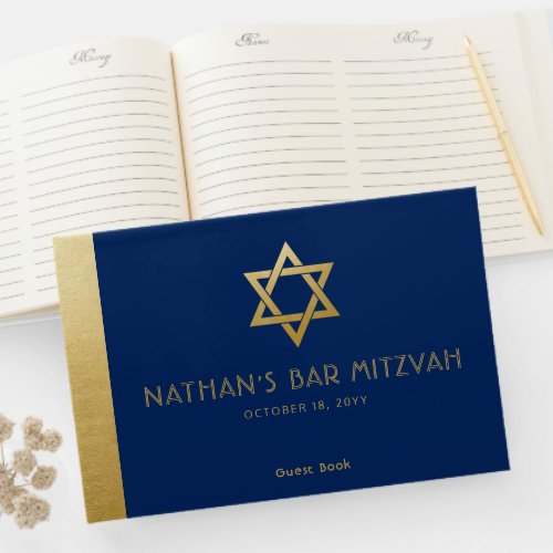 Navy Blue Bar Mitzvah Gold Star of David Custom Guest Book