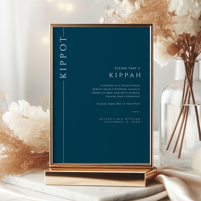 Navy Blue Bar Mitzvah Kippot Tabletop Sign Invitation (Creator Uploaded)