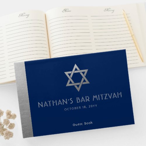 Navy Blue Bar Mitzvah Silver Star of David Custom Guest Book
