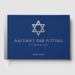 Navy Blue Bar Mitzvah Silver Star of David Custom Guest Book