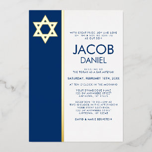 Navy Blue Bar Mitzvah Star of David Gold Foil Invitation