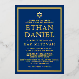 Navy blue bar mitzvah Star of David gold or silver Foil Invitation