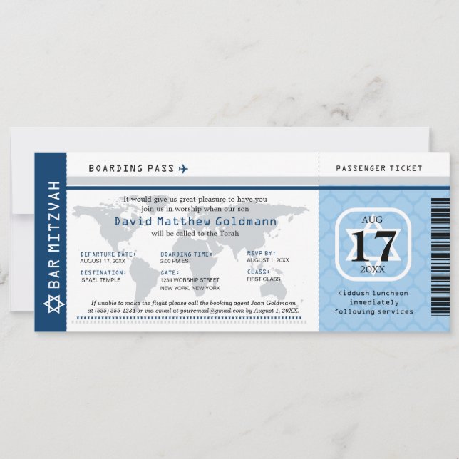 Navy Blue Bar Mitzvah World Traveler Boarding Pass Invitation (Front)