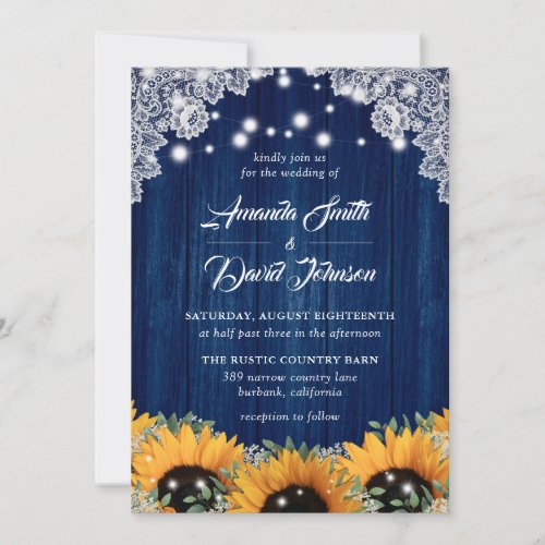 Navy Blue Barn Lace Sunflower Wedding Invitation