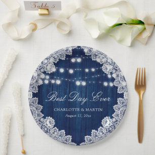 Navy Blue Barn Wood Lace String Lights Wedding Paper Plates
