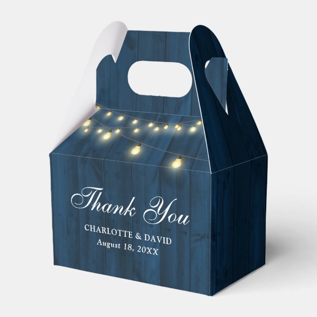Navy Blue Barn Wood String Lights Wedding Favor Boxes (Front Side)