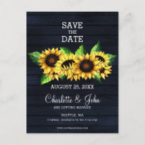 Navy Blue barn wood sunflowers rustic country Announcement Postcard