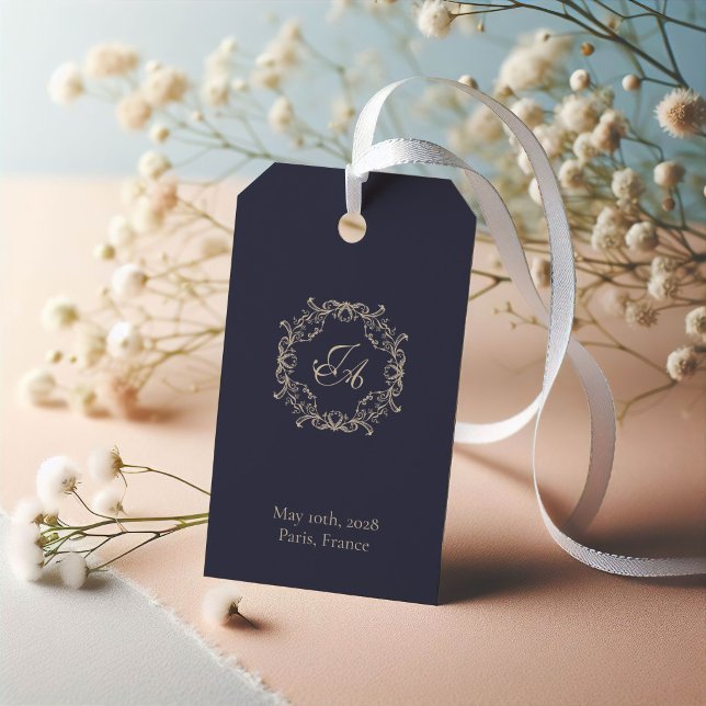 Navy Blue Baroque Monogram Wedding Gift Tag (Creator Uploaded)